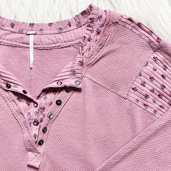 SOLD-Free People Layered Look Lavender Cherry Print Thermal Henley Knit Top - Picture 9 of 12